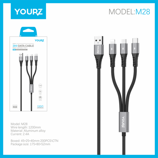 Cable 3 en 1 2.4 - Android - iphone - TYPE-C - YOURZ