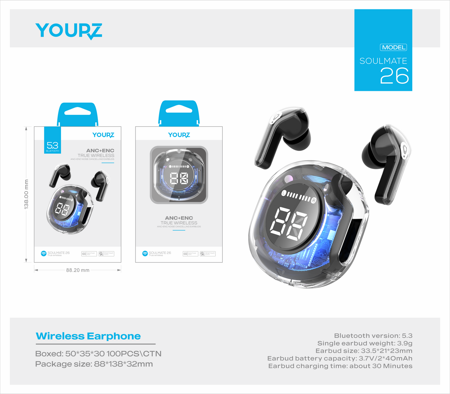 Auricular TWS BLANCO- inalambrico Yourz con cancelacion de ruido