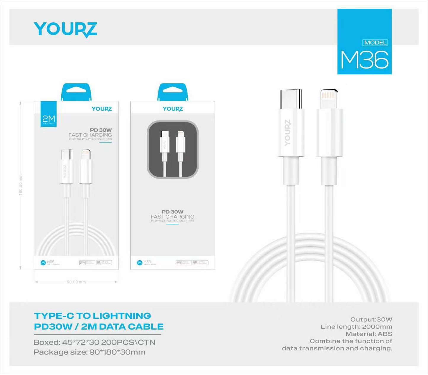 M36L- Cable 2m Lightning-Type C 30W/5A