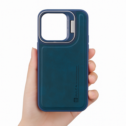 Protector rígido cuero con protector de camara y soporte - iPhone