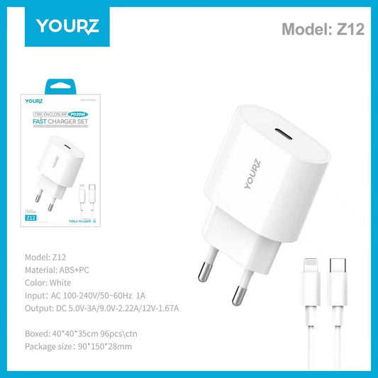 Z12-Cargador + Cable Lightning YOURZ/ Ficha 20W  tipo C