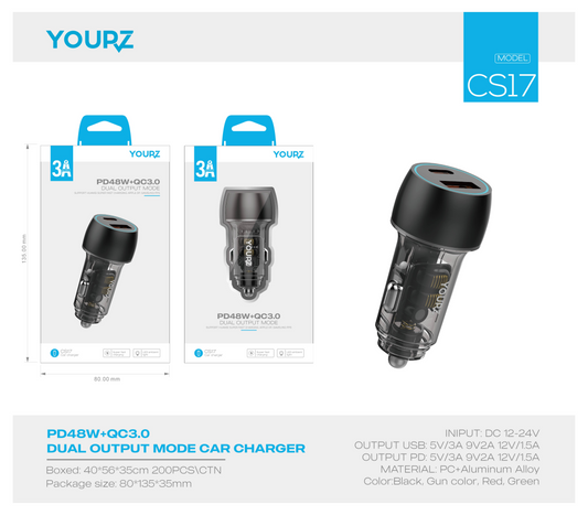 Cargador rapido 48W YOURZ 12V Tipo C + USB