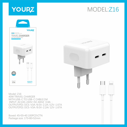 Cargador/Fihca 40W Yourz  2 tipo C  C/cable lightning